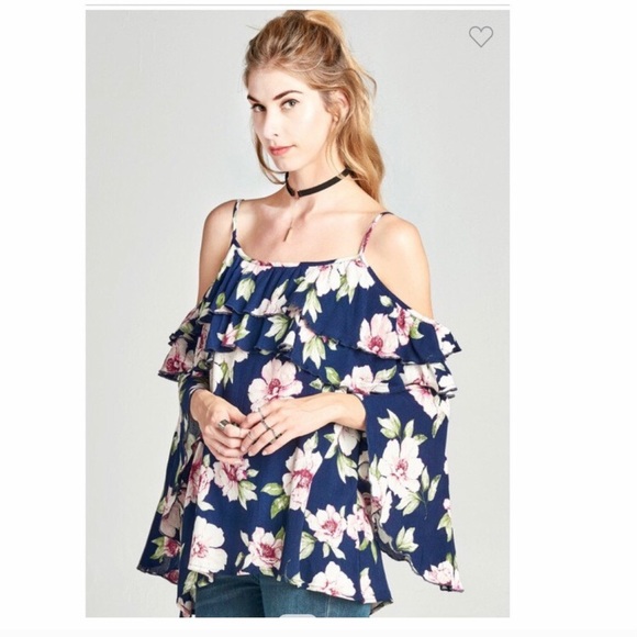 🟢 Cold Shoulder Bell Sleeve Floral Spaghetti Strap Ruffle Top - Picture 7 of 10